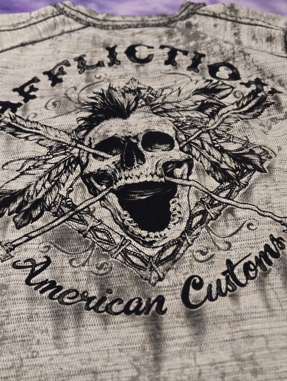 Affliction American Customs Men's Gray Graphic Skull Tee